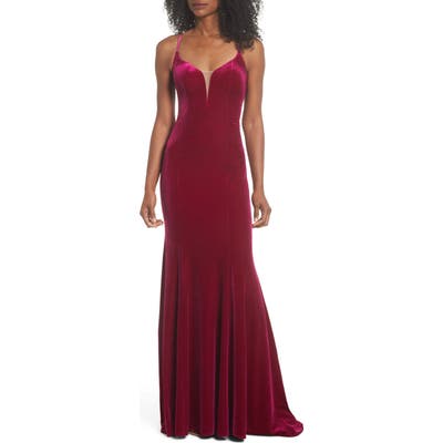 La Femme Crisscross Back Velvet Gown, Pink