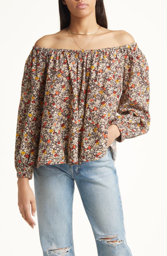 Treasure Bond Shirred Off The Shoulder Top In Brown- Ivory Cally
