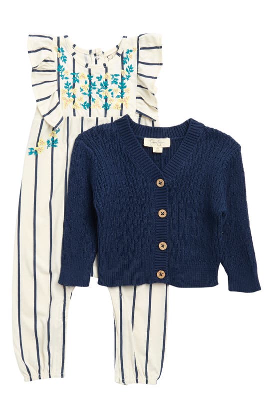 Shop Jessica Simpson Stripe Jumpsuit & Knit Cardigan Set In Navy
