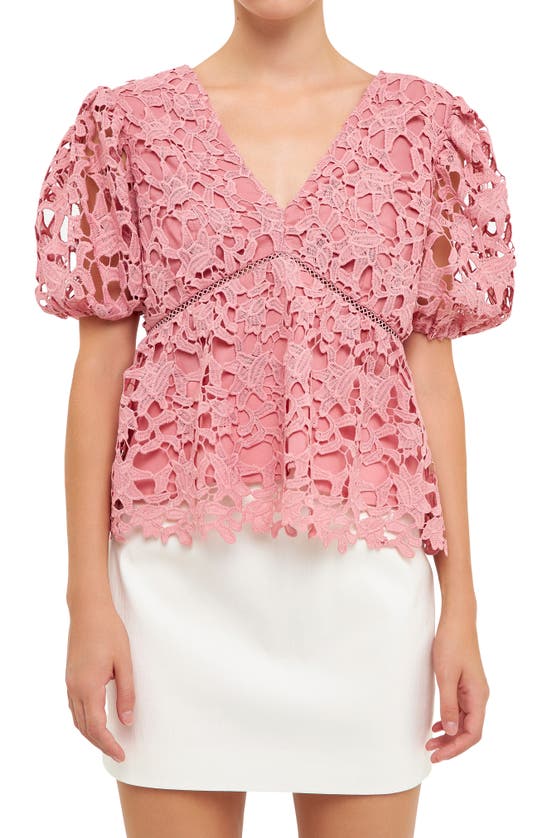 Endless Rose Puff Sleeve Floral Lace Top In Mauve