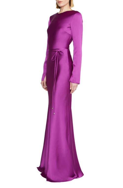 Shop ml Monique Lhuillier Marie Tie Waist Long Sleeve Satin A-line Gown In Mulberry