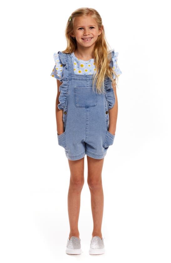 Shop Andy & Evan Kids' Floral T-shirt & Denim Romper Set In Blue Daisy