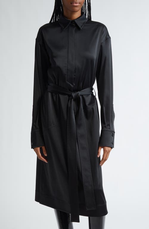 Shop Proenza Schouler Andy Belted Long Sleeve Satin Shirtdress In Black