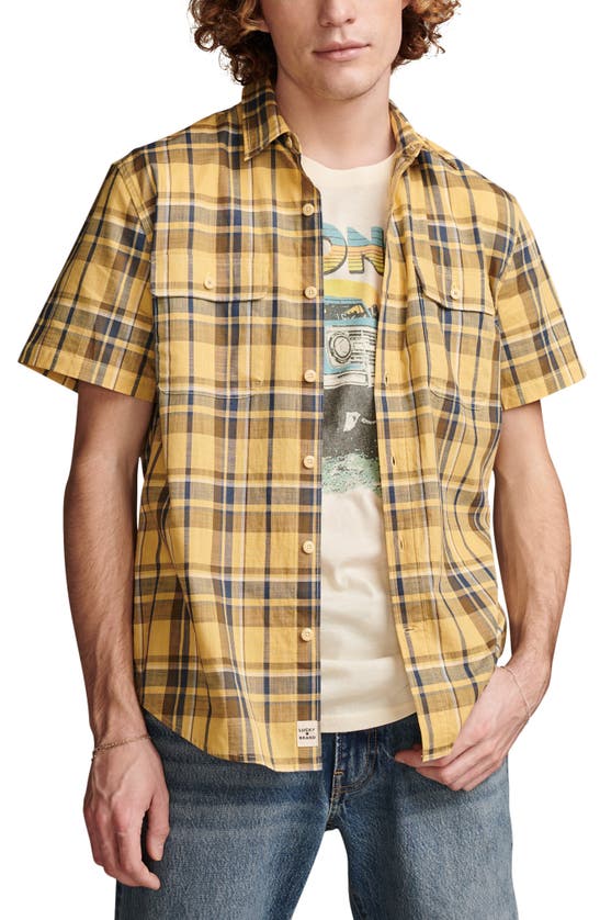 Shop Lucky Brand Plaid Short Sleeve Cotton Button-up Shirt In Yellow Plaid