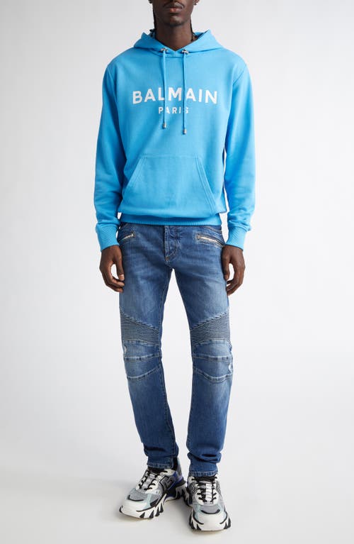 Shop Balmain Organic Cotton Logo Graphic Hoodie In Sme Sky Blue/white