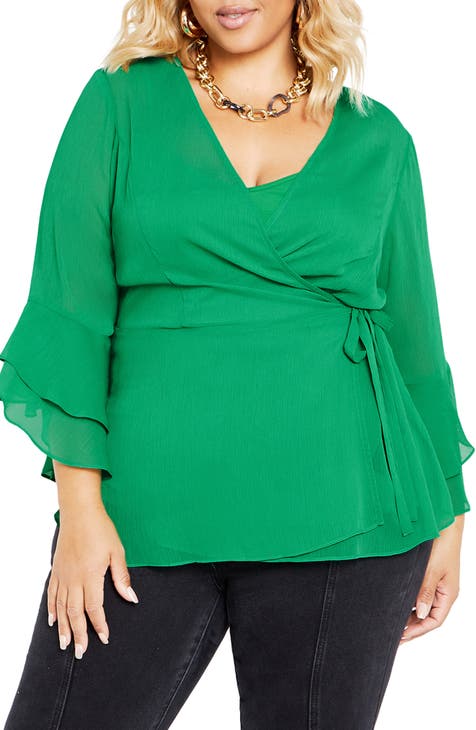 Women's Plus Size Green Faux Wrap Top