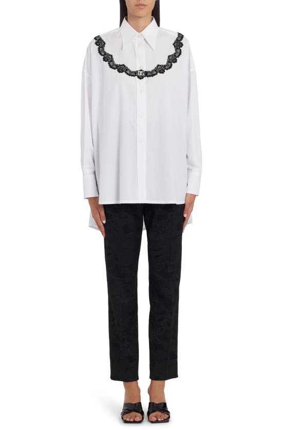 Shop Dolce & Gabbana Dolce&gabbana Oversize Lace Yoke High-low Cotton Blend Button-up Shirt In Optic White