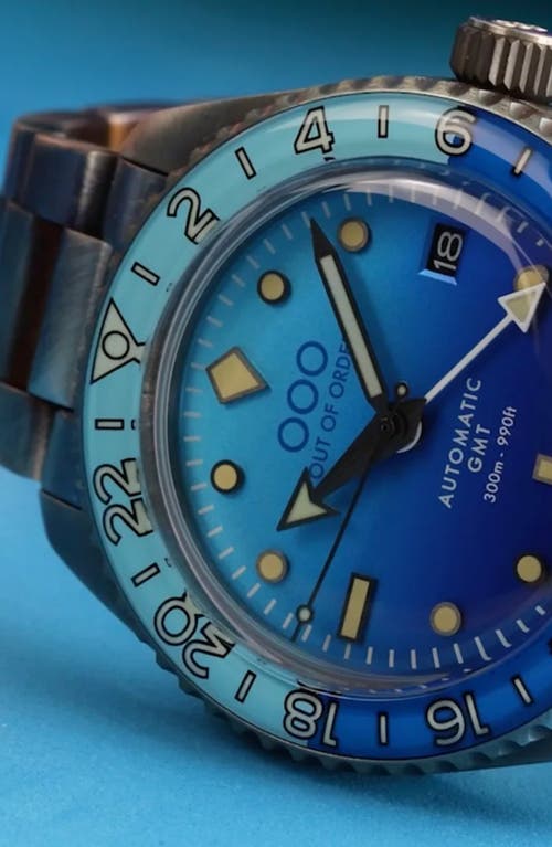 Shop Out Of Order Shaker Automatic Gmt Ultra Distressed Bracelet Watch, 40mm In Bomba Blue