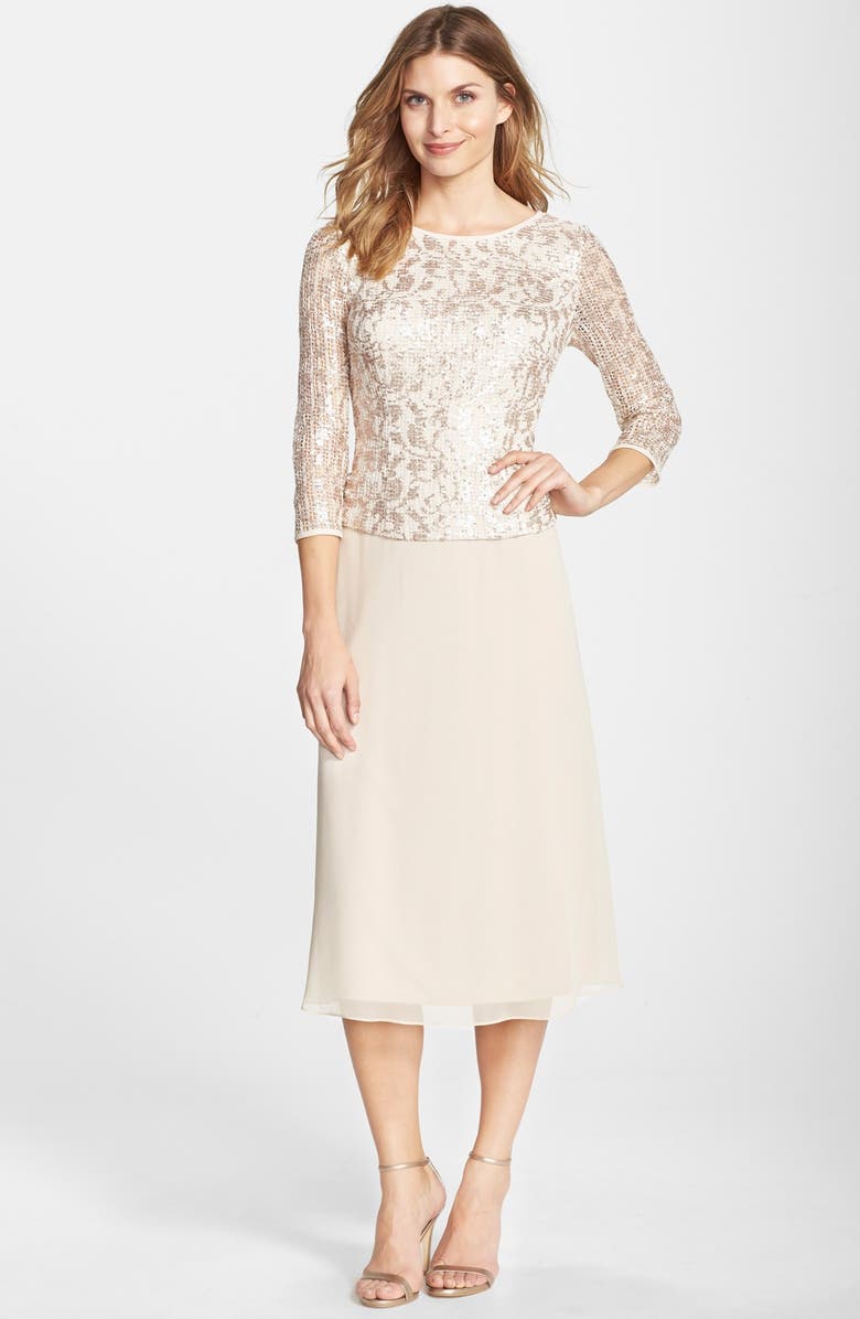 Alex Evenings Sequin Lace Bodice Chiffon Midi Dress (Regular & Petite ...
