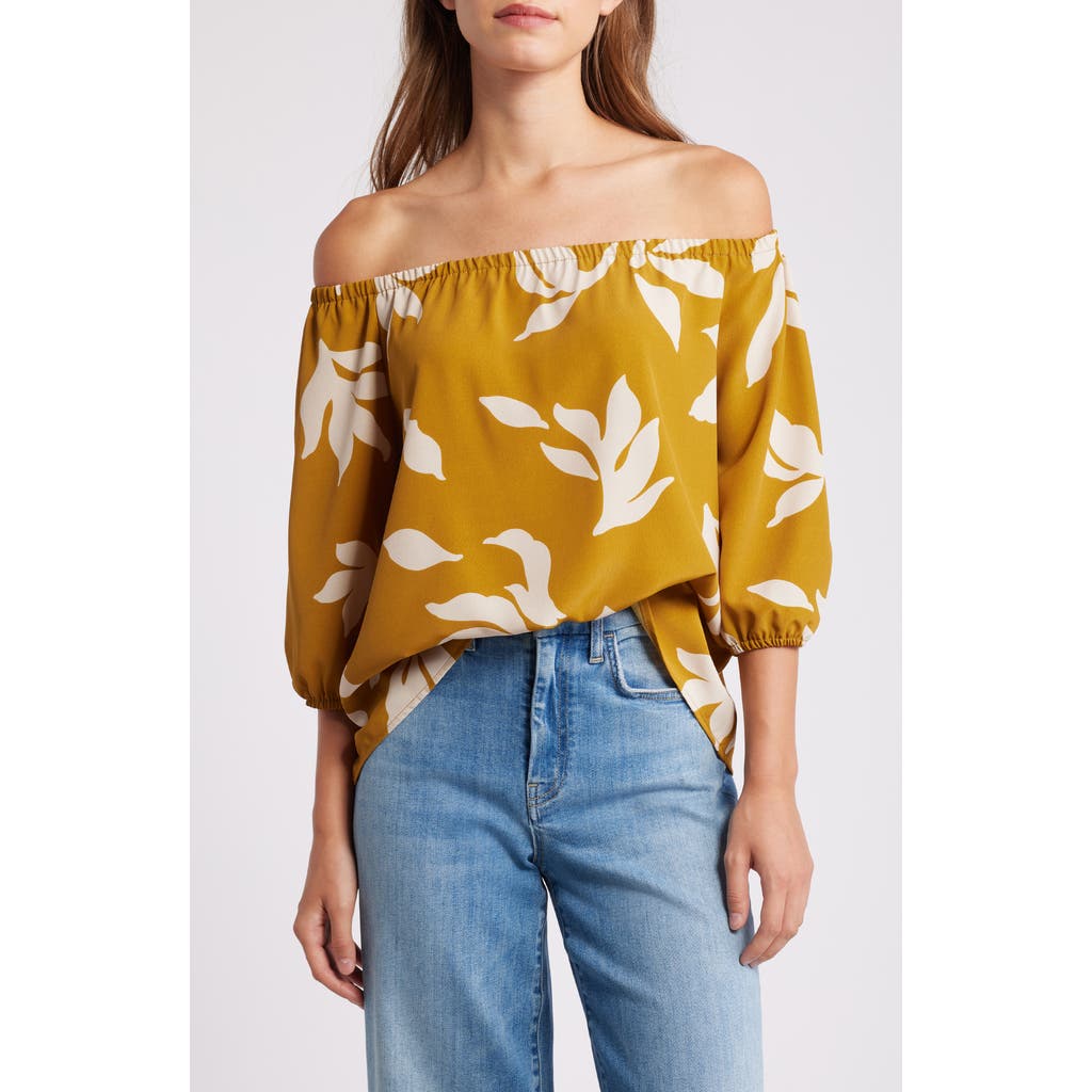 Loveappella Floral Print Off The Shoulder Top In Dijon Natural