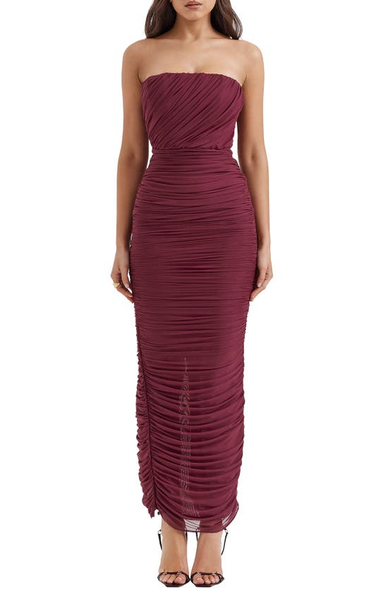 Shop House Of Cb Gradient Color Strapless Ruched Mesh Gown In Windsor Wine