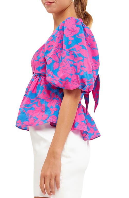 Free The Roses Floral Bow Back Puff Sleeve Blouse In Blue/fuchsia