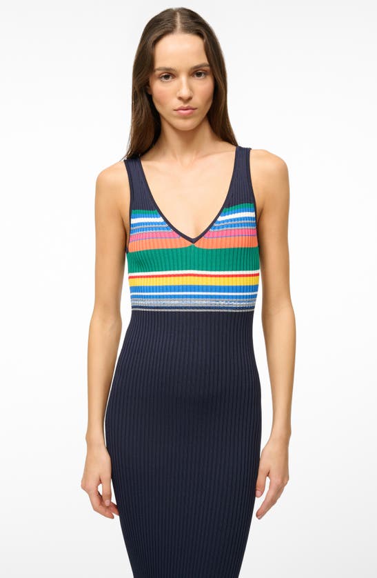 Shop Staud Dana Stripe Midi Sweater Dress In Navy Multi