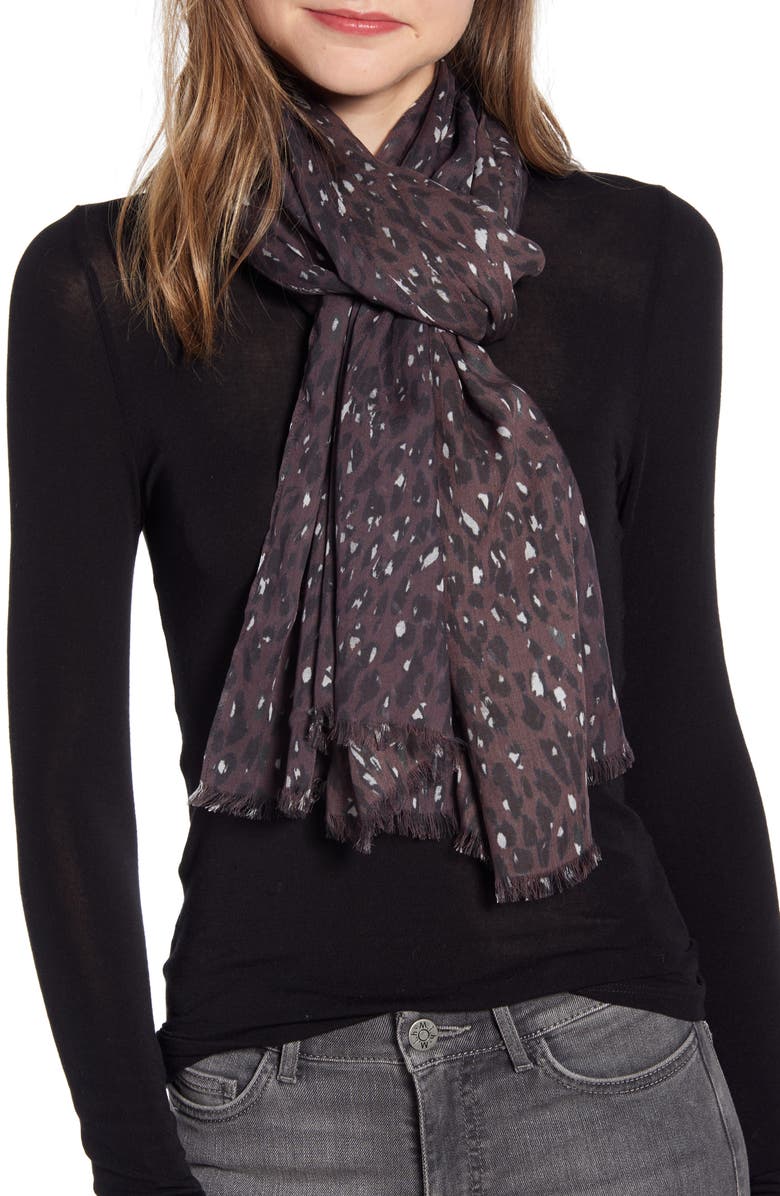 ALLSAINTS Spotty Leopard Scarf, Main, color, BERRY