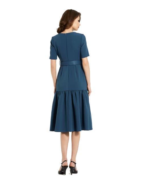 Shop Mac Duggal Crepe 3/4 Sleeve Belted And Pocketed Midi Dress In Deep Blue