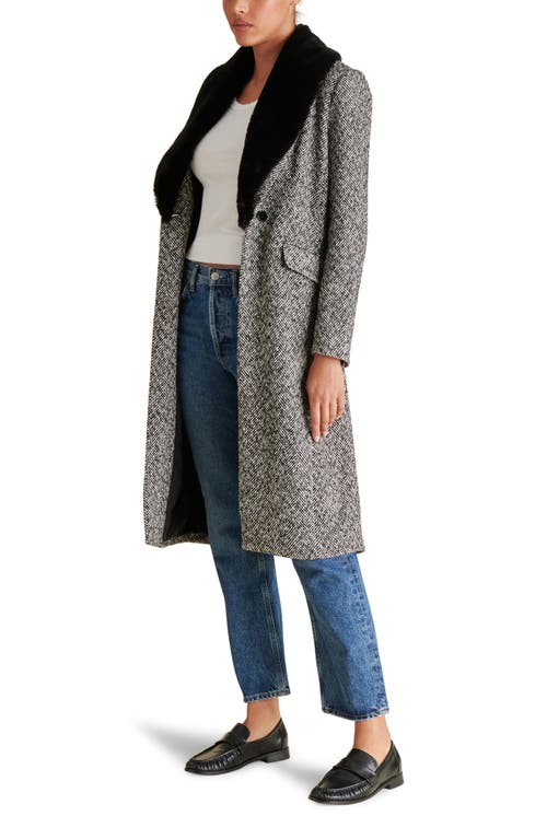 Shop Steve Madden Dienne Herringbone Tweed Coat With Faux Fur Collar In Black Multi