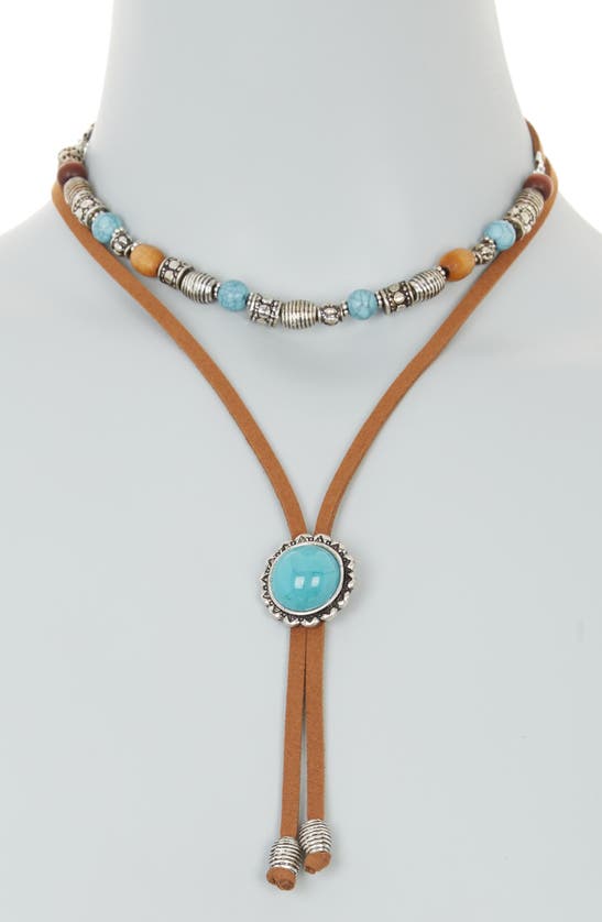 Shop Melrose And Market Set Of 2 Imitation Turquoise Beaded & Faux Suede Bolo Necklaces In Turquoise- Brown- Rhodium