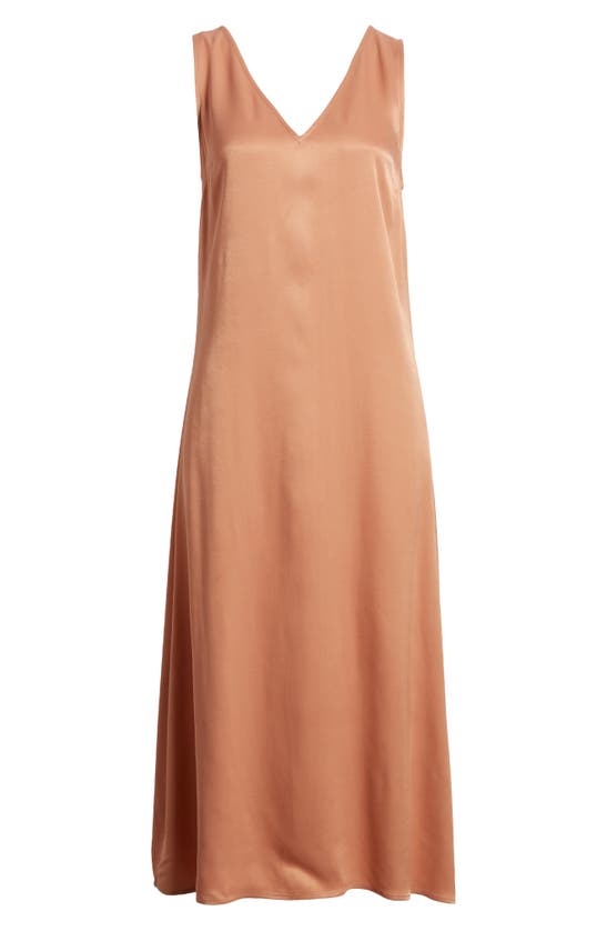 Shop Nordstrom V-neck Sleeveless Satin Midi Dress In Tan Cork