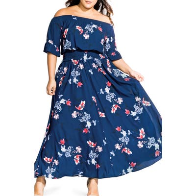 Plus Size City Chic Lotus Love Off The Shoulder Maxi Dress, Blue