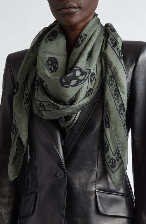 Alexander Mcqueen Skull Silk Scarf In Kaki/ Black