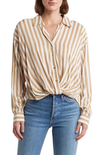 Ellen Tracy Stripe Knotted Long Sleeve Button-up Shirt In Brown