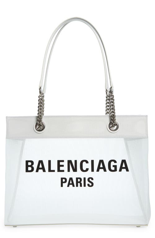 BALENCIAGA Duty Free large leather-trimmed printed mesh tote