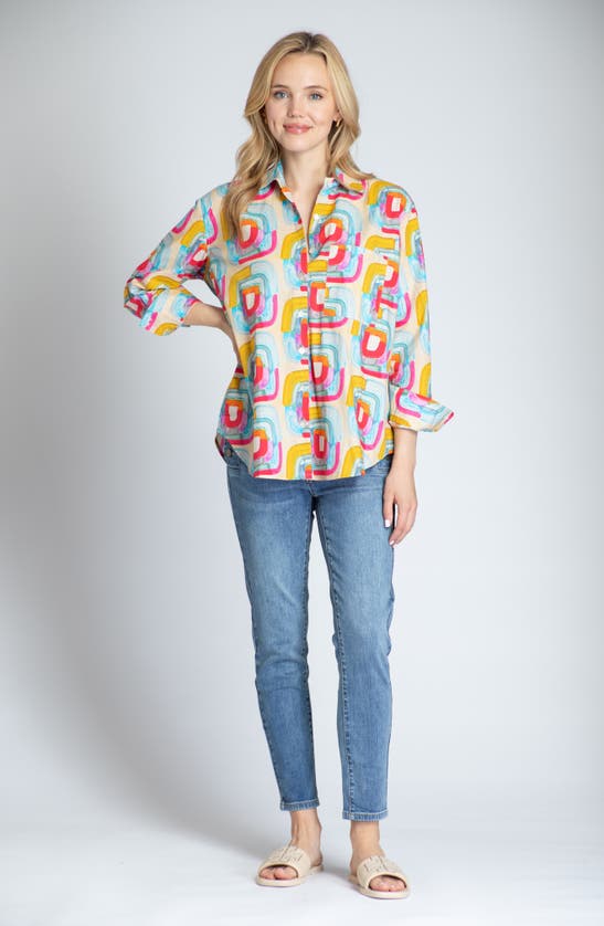 Shop Apny Geo Print Cotton Button-up Shirt In Yellow Multi