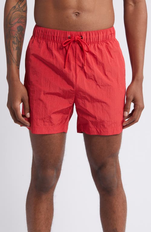 Crinkled Nylon Swim Trunks in Red Rococo