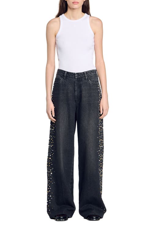 Shop Sandro Wide-leg Rhinestone Jeans In Black