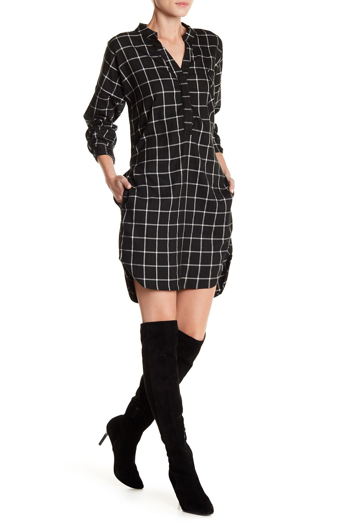 plaid shirt dress with knee high boots