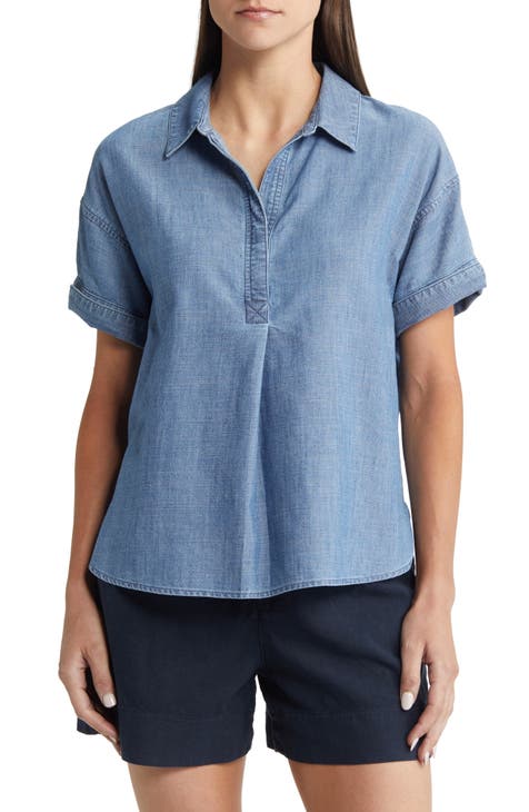 Pleat Front Chambray Popover Blouse