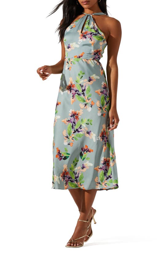 Astr Sandrine Halter Midi Dress In Sage Orange Floral In Sage Orange Floral