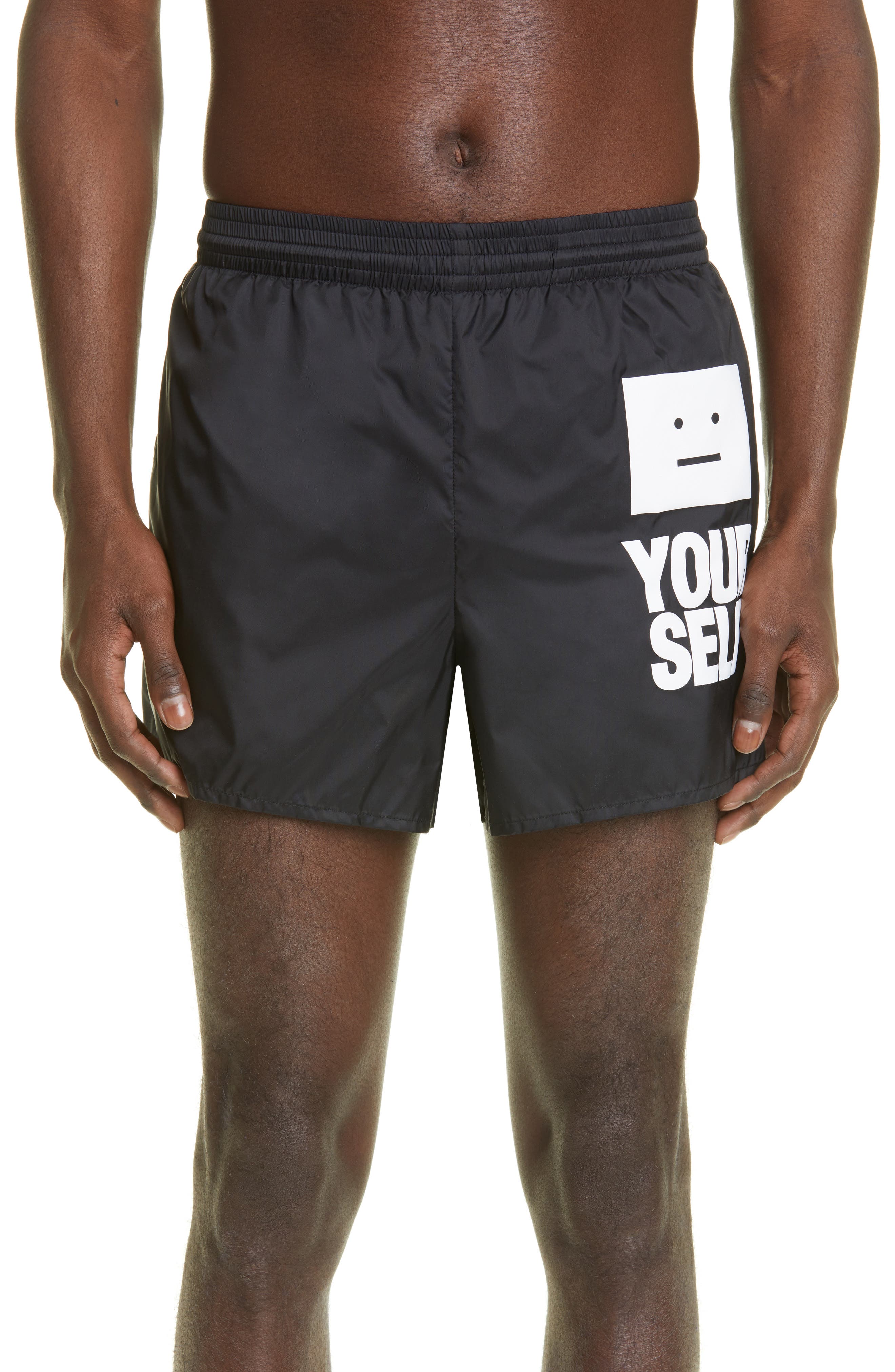 Acne Studios Face Yourself Recycled Nylon Swim Trunks in Black at Nordstrom, Size Small