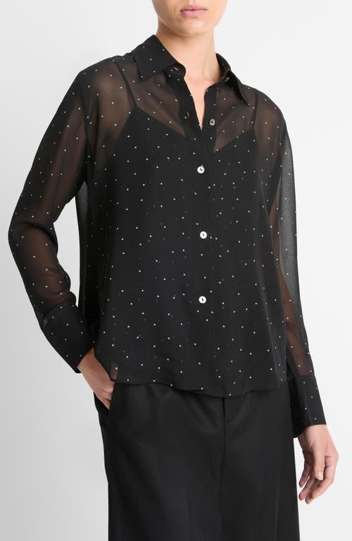 Shop Vince Pin Dot Sheer Silk Button-up Shirt & Lace Trim Camisole In Black/grey