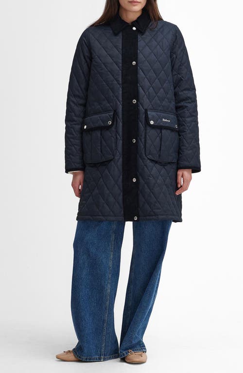 Shop Barbour Tulip Corduroy Trim Quilted Coat In Dark Navy