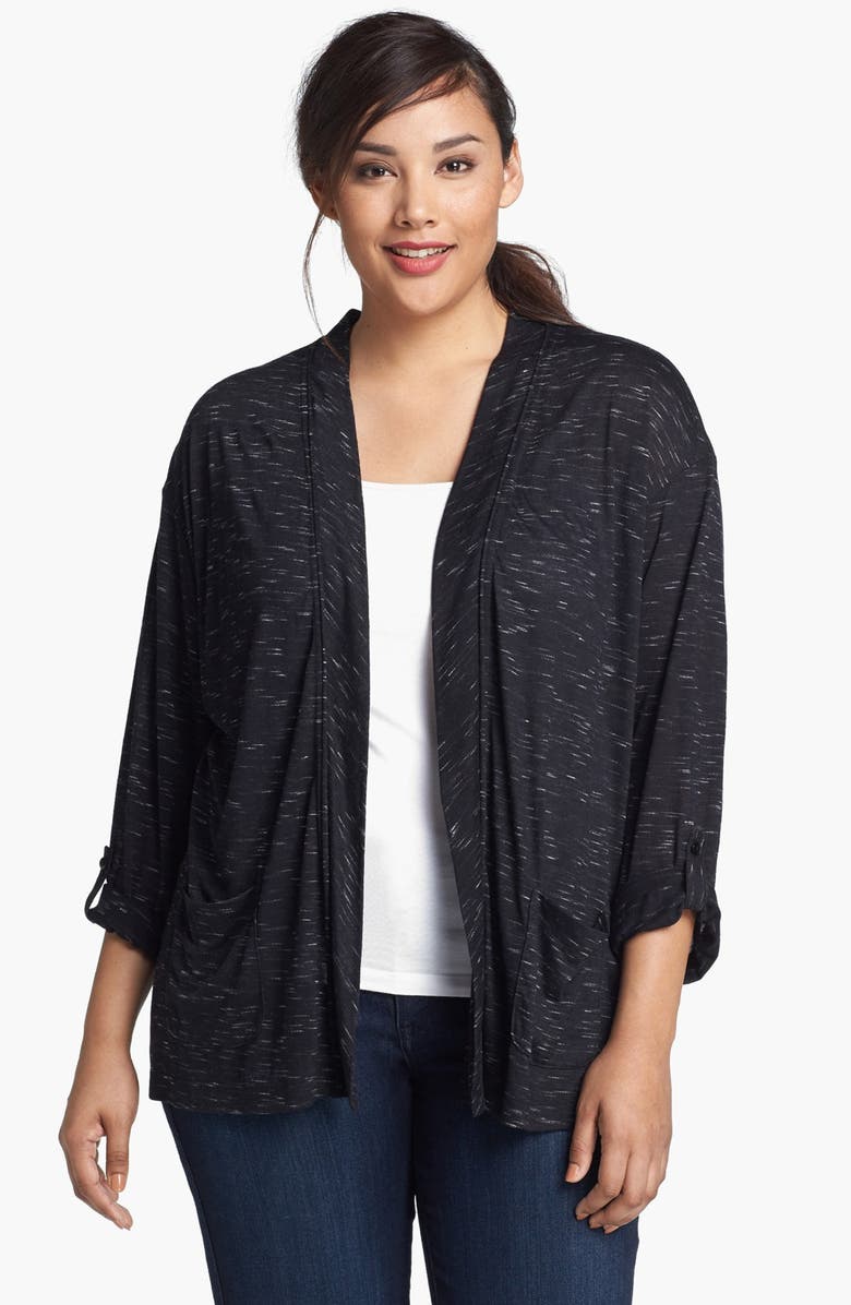 Sejour Space Dye Roll Sleeve Cardigan (Plus Size) | Nordstrom