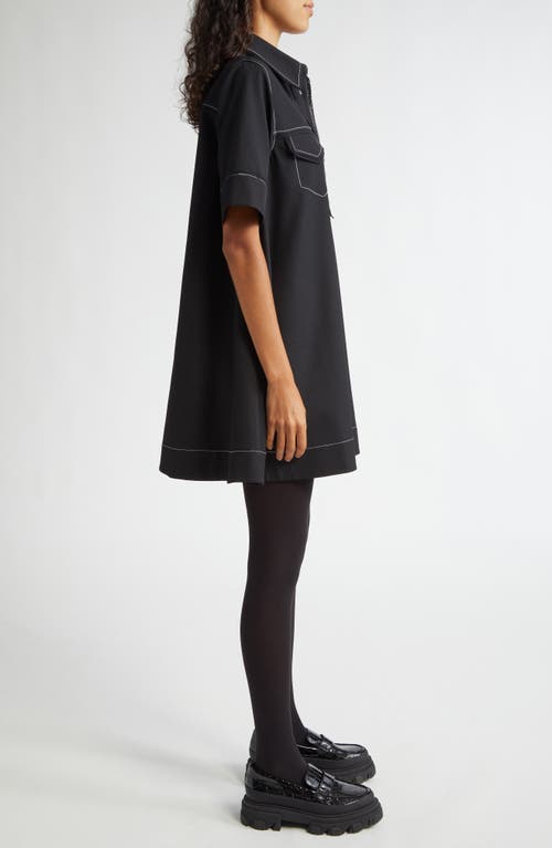 Shop Ganni Sable Topstitch Detail Crepe Swing Minidress In Black