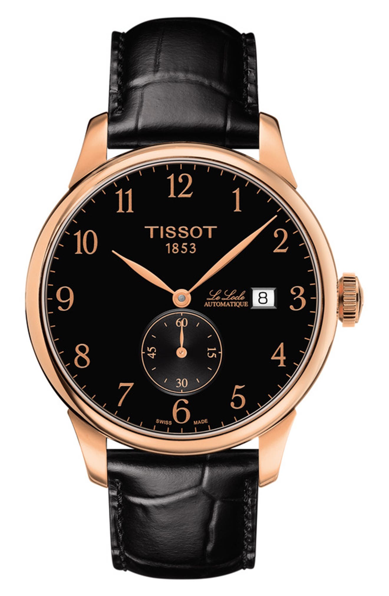 Click to view more detailed imagery on our partner's website Tissot Men's Le Locle Automatique Petite Seconde Croc Embossed Leather Strap Watch In Black