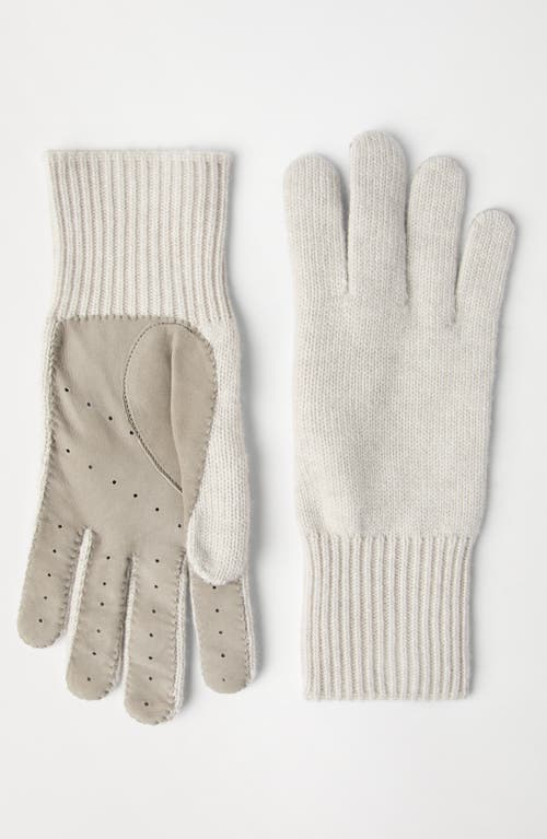 Shop Brunello Cucinelli Cashmere Knit Gloves With Suede Palm In Stone Grey