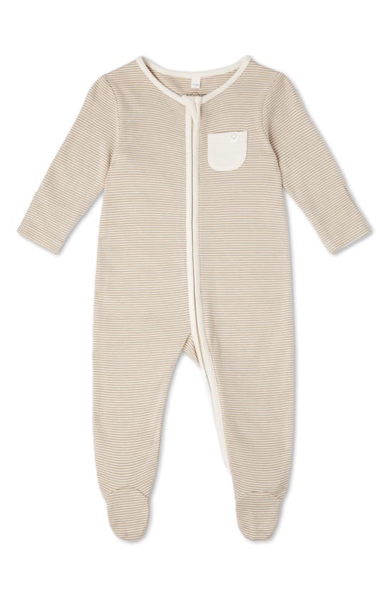 Shop Mori Clever Stripe Zip Fitted One-piece Pajamas In Oatmeal Stripe