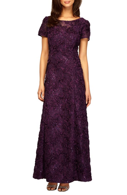 Alex Evenings Embellished Lace A-Line Evening Gown in Eggplant