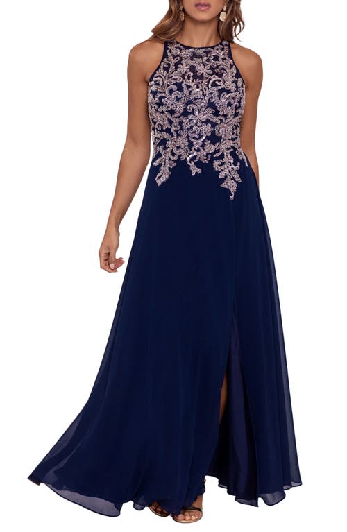 Betsy & Adam Embellished Bodice Chiffon Gown Navy/Rose at Nordstrom,