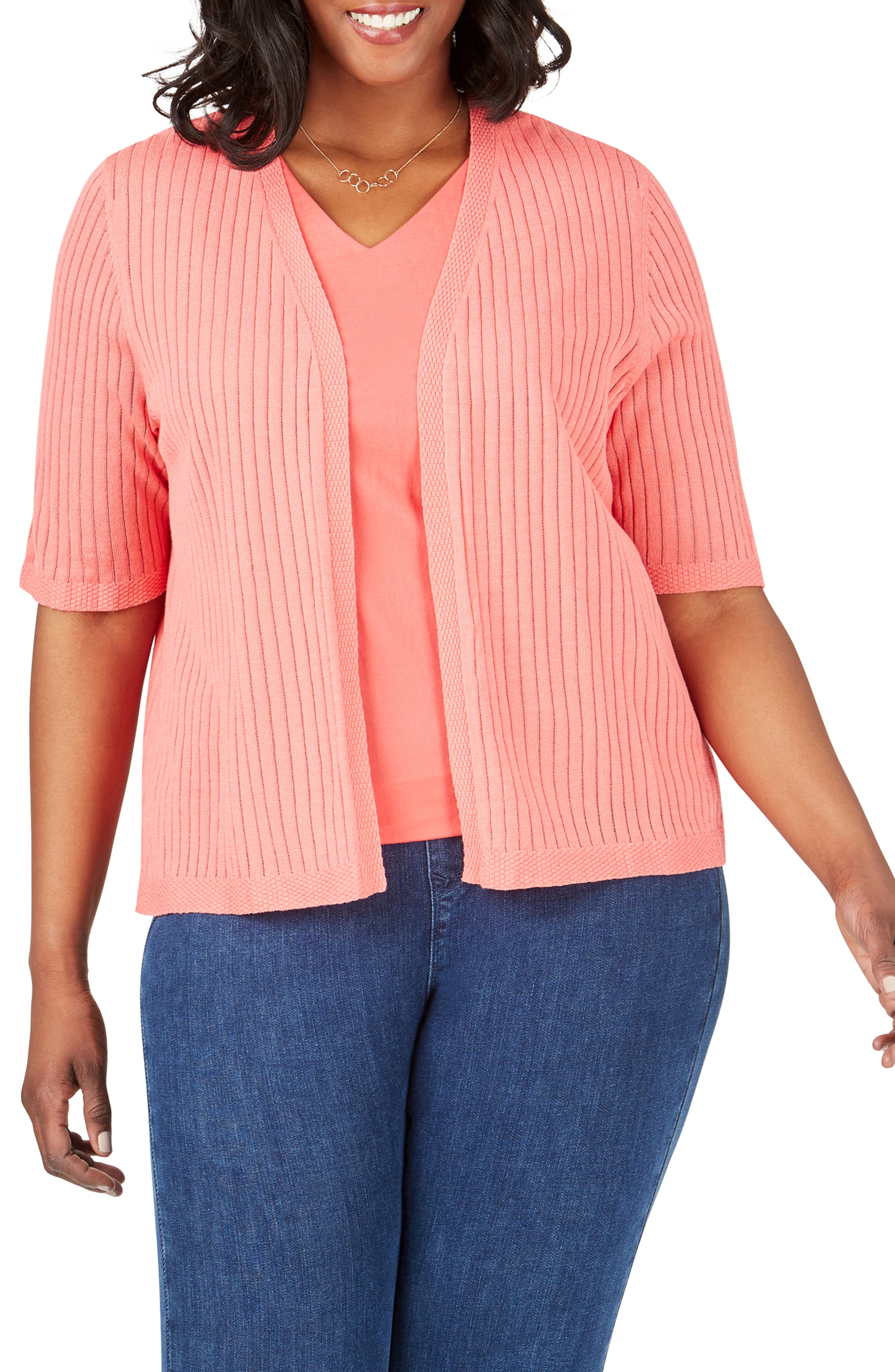Plus Size Foxcroft Clarabelle Stripe Stitch Cardigan, Coral