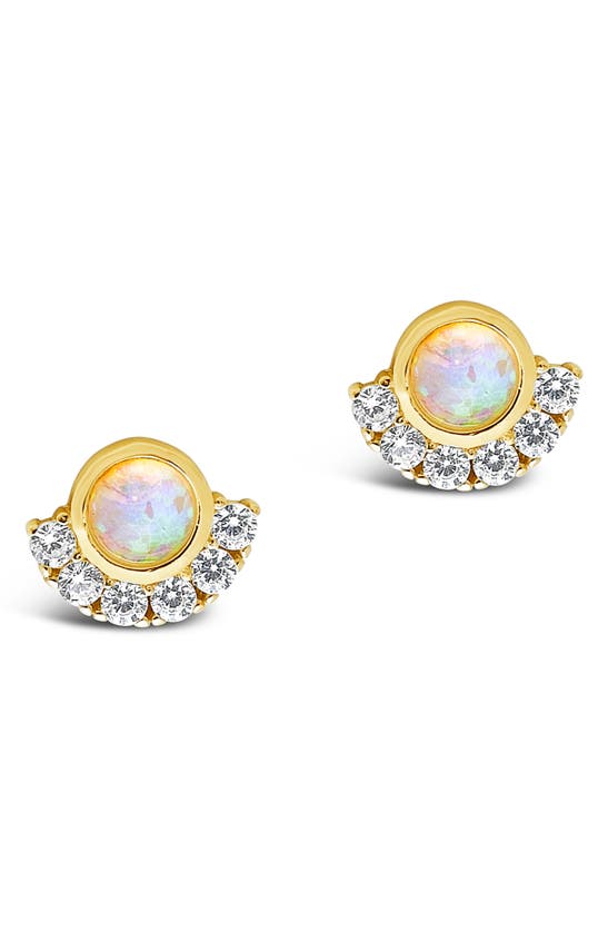 Sterling Forever 14k Over Silver Cz Half Halo Opal Studs In Gold