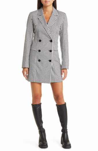 White checked long sales sleeve blazer dress