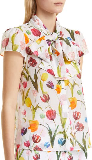 Jeannie Bow Cap Sleeve Cotton & Silk Button-Up Blouse