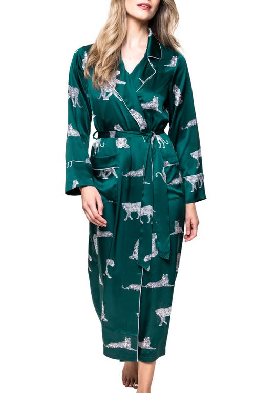 Petite Plume Panther Print Piped Mulberry Silk Robe Green at Nordstrom,