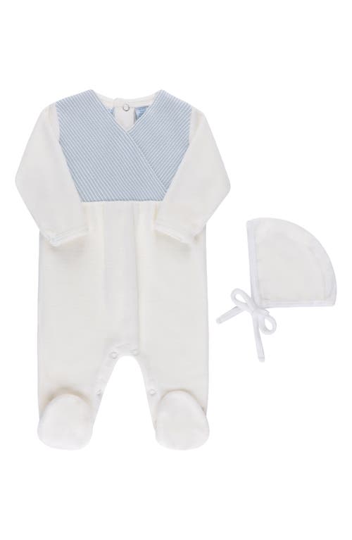 Shop Feltman Brothers Faux Wrap Cotton Blend Velour Footie & Hat Set In Ivory/blue