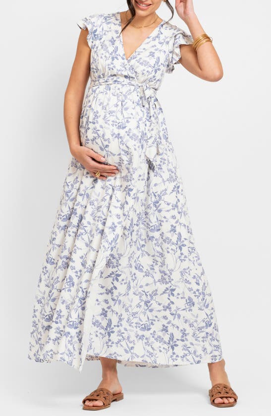 Shop Seraphine Floral Wrap Maternity Dress In Blue Print