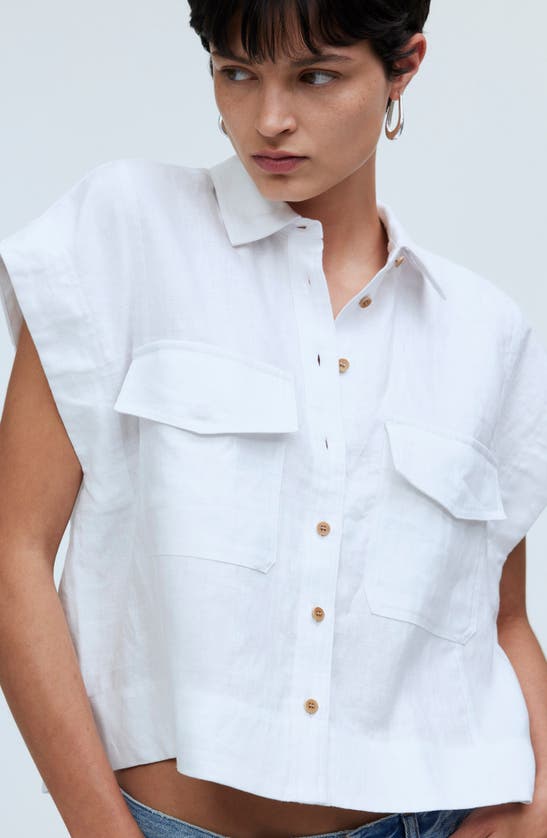 Shop Madewell Flap Pocket Linen Button-up Shirt In Eyelet White